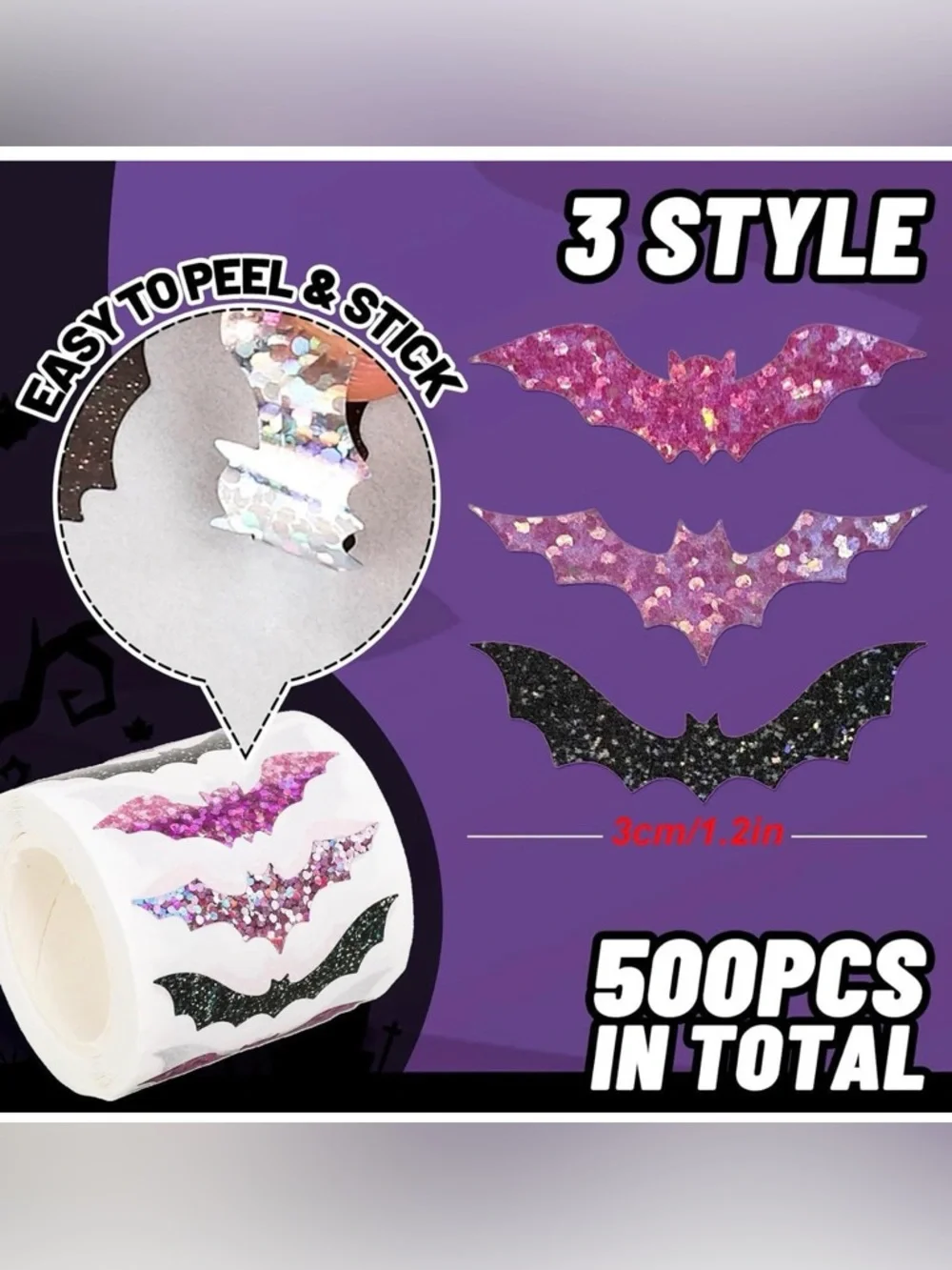 500 Pink & Black Glitter Bat Stickers Roll Halloween Seals Gift Wrap Party Favor